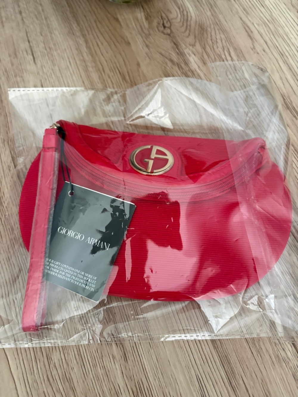 Giorgio Armani Small Cosmetic Pouch Red Wristlet with Gold Logo